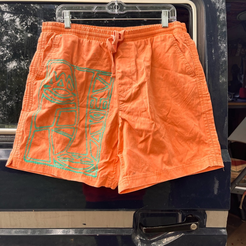 No Boundaries salmon shorts with pant painted turquoise abstract face Design.